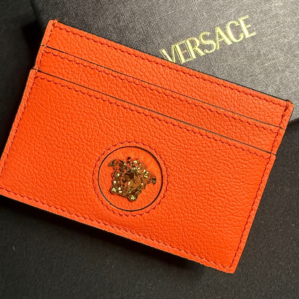 Versace Vibrant Orange Card Holder with Gold Medusa - Picture 5 of 5